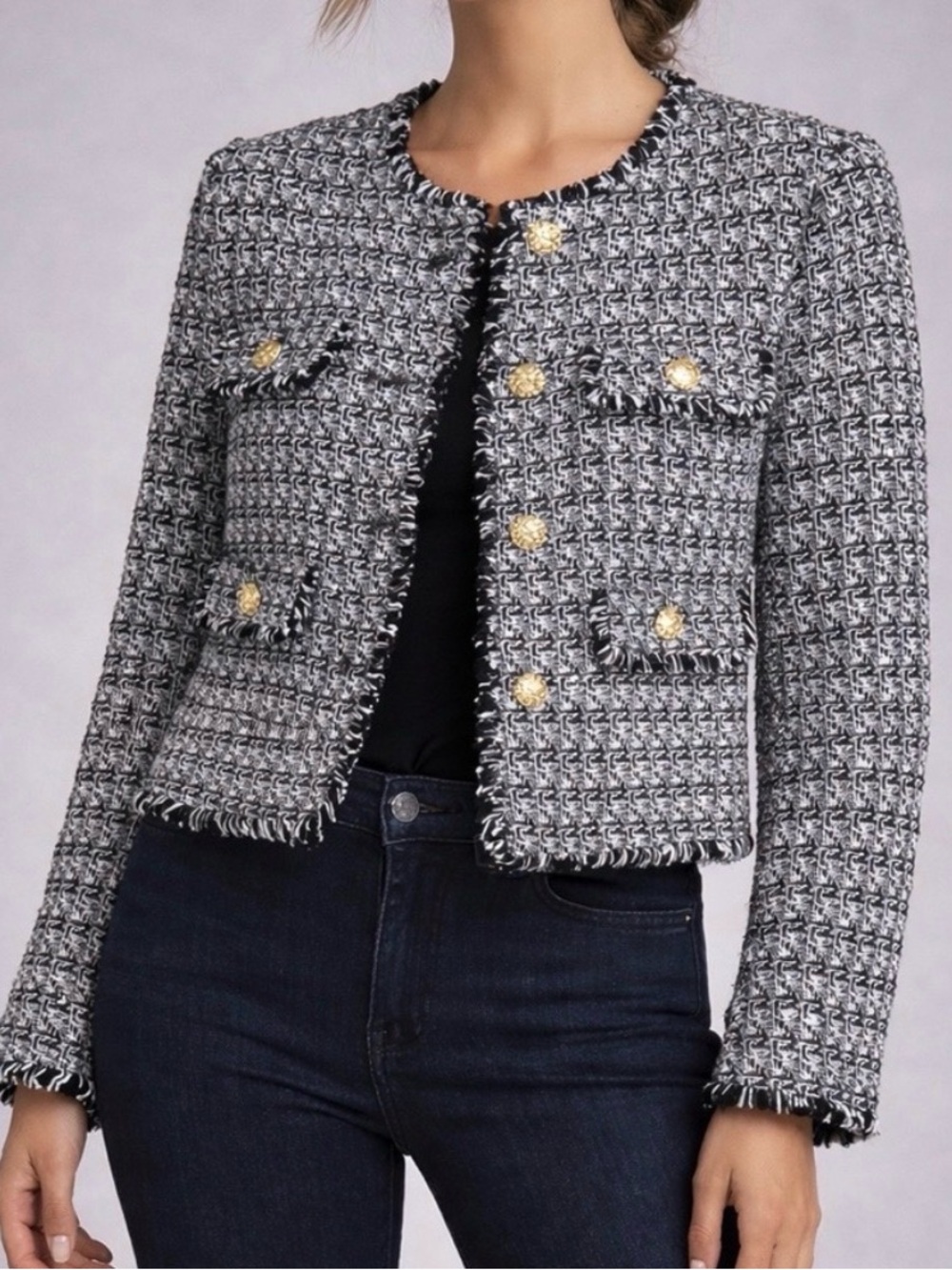 JOIE BLACK WHITE TWEED FRINGE TRUM BLAZER JACKET WITH GOLD BUTTONS SZ SMALL